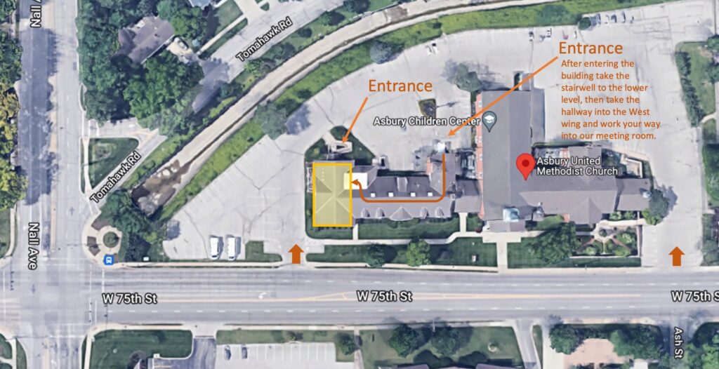 Satellite image of the Church's parking lot with directions to meeting location