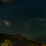 The night sky from the deck of our hotel. You can see Orion just to the right of the center of the image. M42, The Orion Nebula is visible below Orion's belt. THe bright "star" on the right edge is the planet Jupiter.